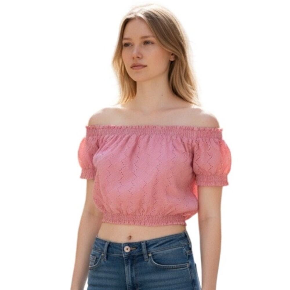 H&M Coral Eyelet Off the Shoulder Crop Top Size Small